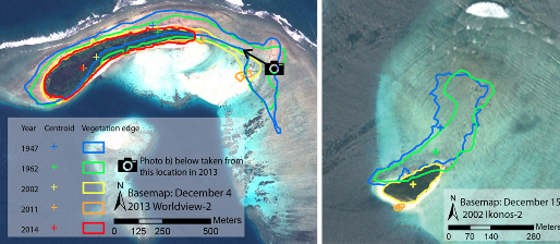 A gauche: érosion progressive de l'île de Sogomou. A droite: érosion de l'île de Kale, une île qui donne l'impression d'avoir glissé au sud avant de sombrer, en 2011. Doc. ERL