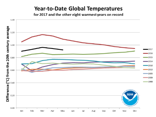 Evolution de l’anomalie de température moyenne mois par mois de 2017 (courbe en noir) par rapport aux huit années les plus chaudes (2016 en rouge, 2015 en vert). Doc. NOAA